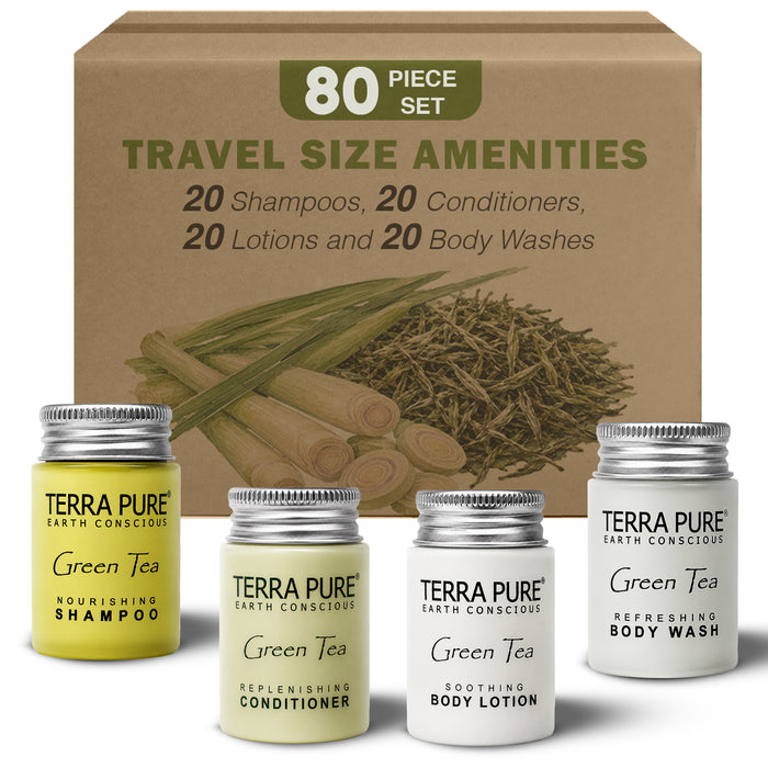 Terra Pure Green Tea 1.0 oz. Toiletries Set | 1-Shoppe All-In-Kit Amenities For Hotels, Airbnb & Rentals | Hotel Shampoo & Conditioner, Body Wash, Body Lotion | 80 Piece Travel Set
