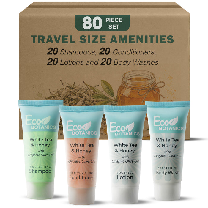 Travel Size Hotel Toiletry Set 80 Count 0.85 oz Bottles Guest Amenities for Airbnb Vacation Rentals and Short Term Rentals Paraben Free White Tea Scent Infused with Aloe and Olive Oil by Eco Botanics