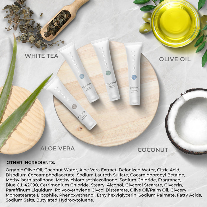 Infuse Pure White Tea and Coconut Hotel Soaps and Toiletries Bulk Set |  All-In-Kit for Hotels | 1oz Shampoo & Conditioner, Body Wash & Lotion| Travel Size 80 Pieces