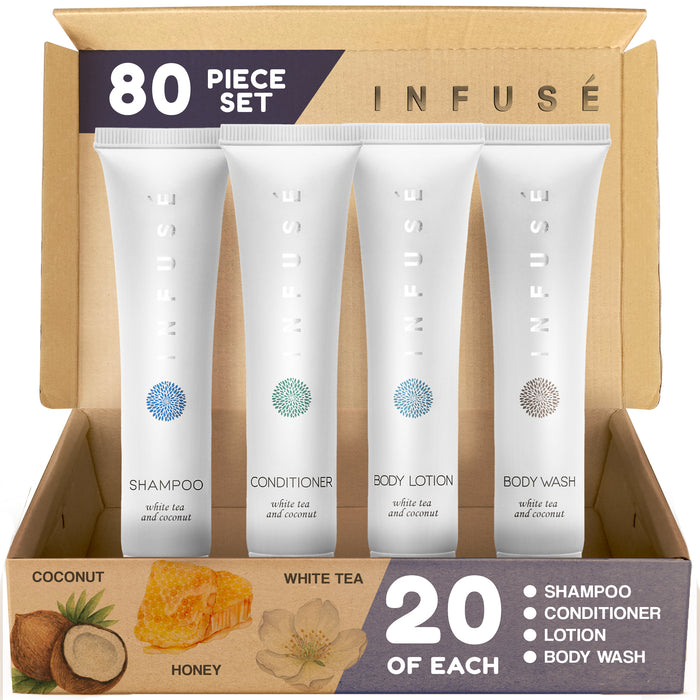 Infuse Pure White Tea and Coconut Hotel Soaps and Toiletries Bulk Set |  All-In-Kit for Hotels | 1oz Shampoo & Conditioner, Body Wash & Lotion| Travel Size 80 Pieces
