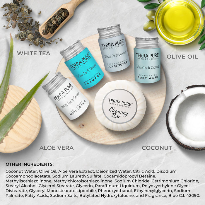 Terra Pure White Tea and Coconut Hotel Soaps and Toiletries Bulk Set | 1-Shoppe All-In-Kit for Hotels | 1oz Shampoo & Conditioner, Body Wash, Lotion & 1.25oz Bar Soap | Travel Size Toiletries 150 Pieces