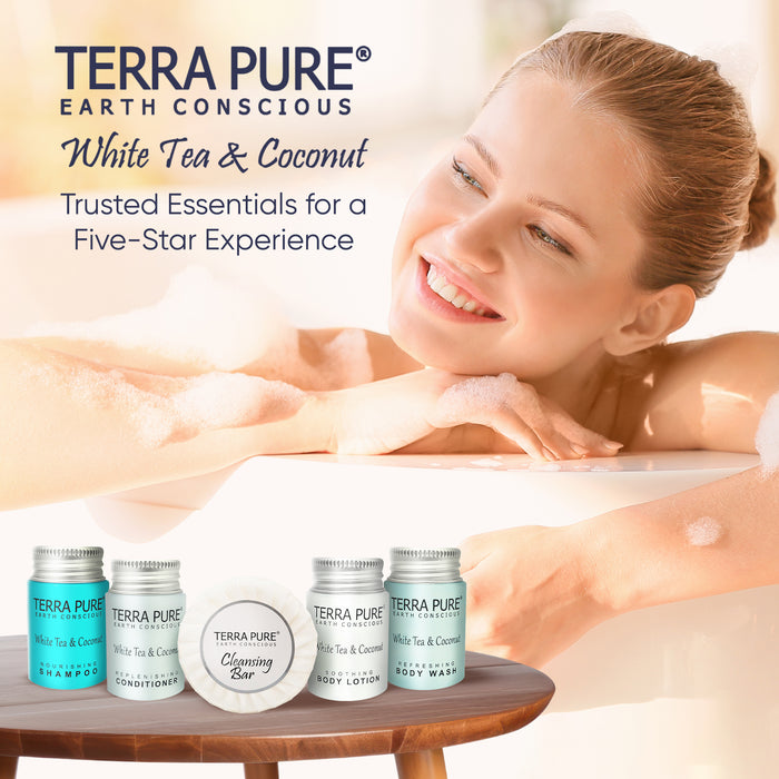 Terra Pure White Tea and Coconut Hotel Soaps and Toiletries Bulk Set | 1-Shoppe All-In-Kit for Hotels | 1oz Shampoo & Conditioner, Body Wash, Lotion & 1.25oz Bar Soap | Travel Size Toiletries 150 Pieces