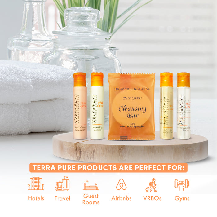 Terra Pure Wild Citrus Hotel Soaps and Toiletries Bulk Set | 1-Shoppe All-In-Kit for Hotels | 1oz Shampoo & Conditioner, Body Wash, Lotion & 1.25oz Bar Soap | Travel Size Toiletries 150 Pieces