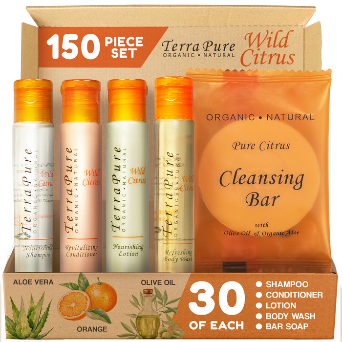 Terra Pure Wild Citrus Hotel Soaps and Toiletries Bulk Set | 1-Shoppe All-In-Kit for Hotels | 1oz Shampoo & Conditioner, Body Wash, Lotion & 1.25oz Bar Soap | Travel Size Toiletries 150 Pieces
