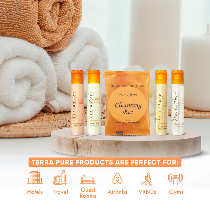 Terra Pure Wild Citrus Hotel Soaps and Toiletries Bulk Set | 1-Shoppe All-In-Kit for Hotels | 1oz Shampoo & Conditioner, Body Wash, Lotion & 1.25oz Bar Soap | Travel Size Toiletries 75 Pieces