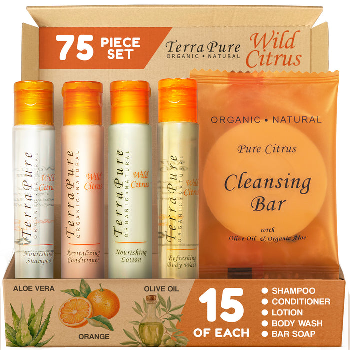 Terra Pure Wild Citrus Hotel Soaps and Toiletries Bulk Set | 1-Shoppe All-In-Kit for Hotels | 1oz Shampoo & Conditioner, Body Wash, Lotion & 1.25oz Bar Soap | Travel Size Toiletries 75 Pieces