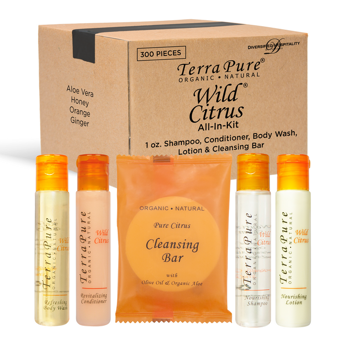 Terra Pure Wild Citrus Hotel Size Toiletries Set | All-In-Kit Amenities For Hotels, Airbnb & Rentals | 1 oz Hotel Shampoo & Conditioner, Body Wash, Lotion & 1 oz Bar Soap | (300 pieces)