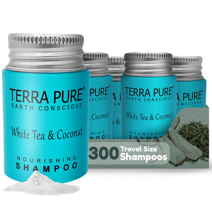 Travel Size Hotel Shampoo 300 Count 1 oz Bottles Guest Amenities for Hotels Vacation Rentals and Short Term Rentals Paraben Free White Tea and Coconut Scent Infused with Aloe & Olive Oil by Terra Pure