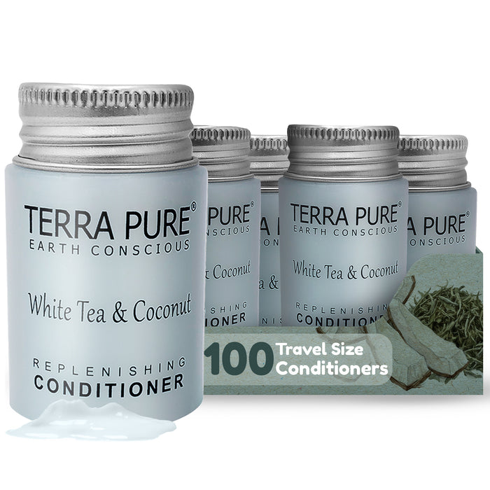 Travel Size Hotel Conditioner 100 Count 1oz Bottles Guest Amenities for Hotels Vacation Rentals & Short Term Rentals Paraben Free White Tea and Coconut Scent Infused with Aloe & Olive Oil | Terra Pure