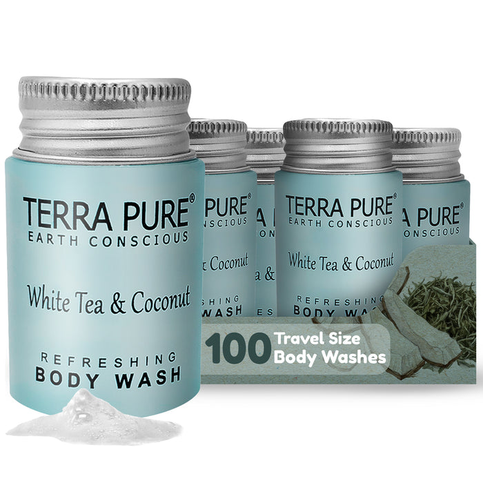 Travel Size Hotel Body Wash 100 Count 1 oz Bottles Guest Amenities for Hotels Vacation Rentals & Short Term Rentals Paraben Free White Tea & Coconut Scent Infused with Aloe and Olive Oil by Terra Pure