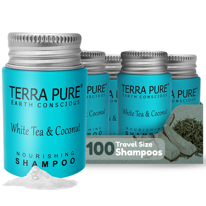 Travel Size Hotel Shampoo 100 Count 1 oz Bottles Guest Amenities for Hotels Vacation Rentals and Short Term Rentals Paraben Free White Tea and Coconut Scent Infused with Aloe & Olive Oil by Terra Pure