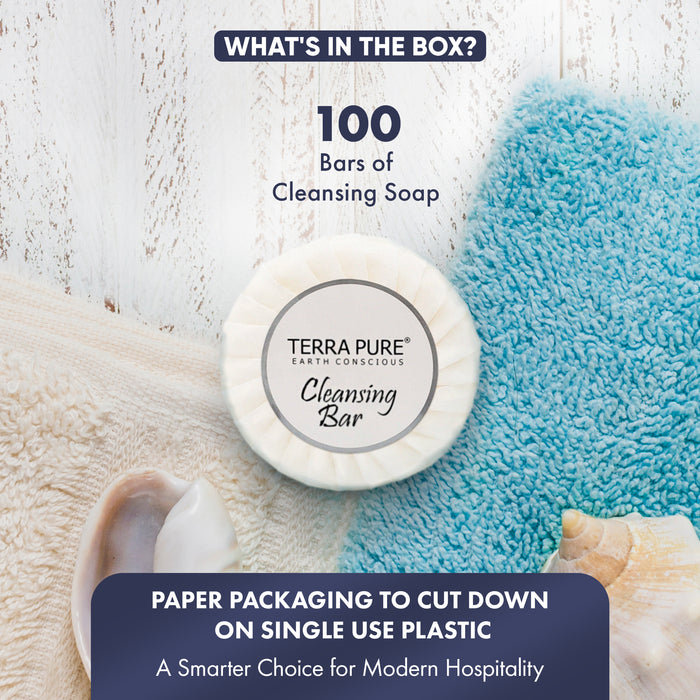 Travel Size Hotel Bar Soap 100 Count 0.6 oz Bars Guest Amenities for Hotels Vacation Rentals & Short Term Rentals Paraben Free White Tea & Coconut Scent Infused with Aloe and Olive Oil by Terra Pure