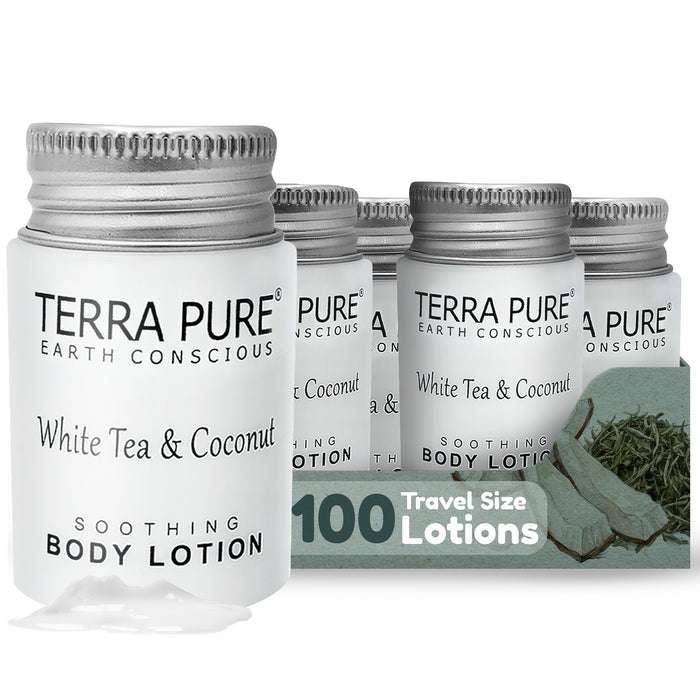 Travel Size Hotel Body Lotion 100 Count 1 oz Bottles Guest Amenities for Hotels Vacation Rentals & Short Term Rentals Paraben Free White Tea & Coconut Scent Infused with Aloe & Olive Oil by Terra Pure