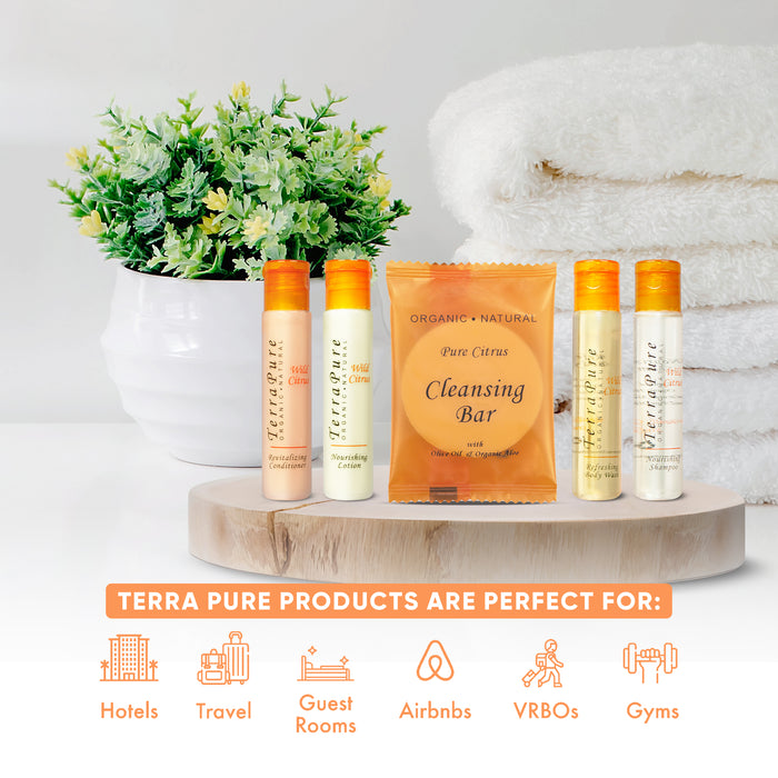 Terra Pure Wild Citrus Hotel Size Toiletries Set | All-In-Kit Amenities For Hotels, Airbnb & Rentals | 1 oz Hotel Shampoo & Conditioner, Body Wash, Lotion & 1 oz Bar Soap | (300 pieces)