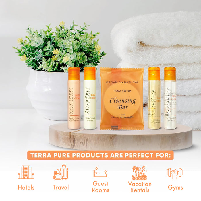 Terra Pure Wild Citrus Hotel Size Toiletries Set | All-In-Kit Amenities For Hotels, Airbnb & Rentals | 1 oz Hotel Shampoo & Conditioner, Body Wash, Lotion & 1 oz Bar Soap | (300 pieces)