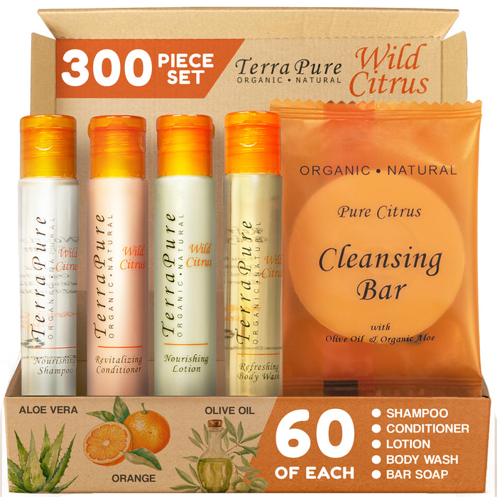Terra Pure Wild Citrus Hotel Size Toiletries Set | All-In-Kit Amenities For Hotels, Airbnb & Rentals | 1 oz Hotel Shampoo & Conditioner, Body Wash, Lotion & 1 oz Bar Soap | (300 pieces)