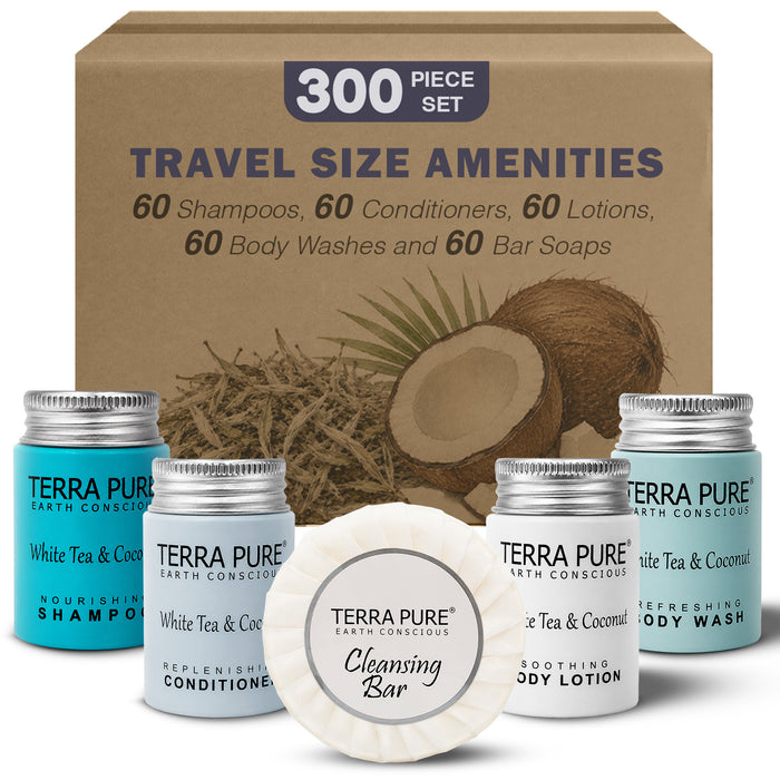 Terra Pure White Tea and Coconut Hotel Soaps and Toiletries Bulk Set | 1-Shoppe All-In-Kit for Hotels | 1oz Shampoo & Conditioner, Body Wash, Lotion & 1.25oz Bar Soap | Travel Size Toiletries 300 Pieces