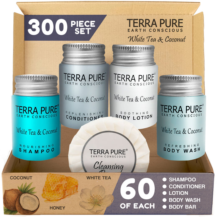 Terra Pure White Tea and Coconut Hotel Soaps and Toiletries Bulk Set | 1-Shoppe All-In-Kit for Hotels | 1oz Shampoo & Conditioner, Body Wash, Lotion & 1.25oz Bar Soap | Travel Size Toiletries 300 Pieces