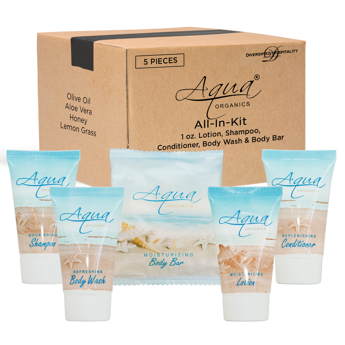 Aqua Organics Hotel Soaps and Toiletries Bulk Set | 1-Shoppe All-In-Kit Amenities for Hotels & Airbnb | 1oz Hotel Shampoo & Conditioner, Body Wash, Body Lotion & 1oz Bar Soap Travel Size | 5 Pieces