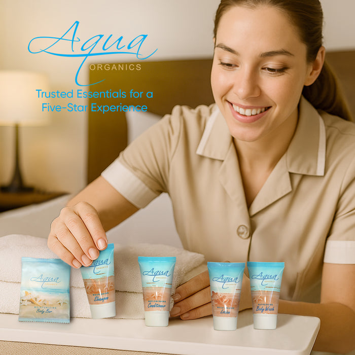 Aqua Organics Hotel Soaps and Toiletries Bulk Set | 1-Shoppe All-In-Kit Amenities for Hotels & Airbnb | 1oz Hotel Shampoo & Conditioner, Body Wash, Body Lotion & 1oz Bar Soap Travel Size | 75 Pieces