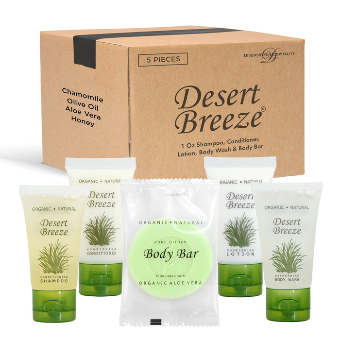 1-Shoppe All-In-Kit | Desert Breeze Hotel Soaps and Toiletries Bulk Set | Amenities | 1oz Hotel Shampoo & Conditioner, Body Wash, Body Lotion & Bar Soap | Travel Size Toiletries Sample Set 5 Pieces