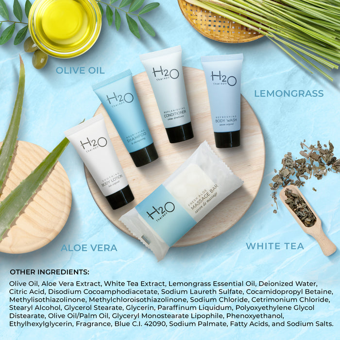 H2O Therapy Hotel Soaps and Toiletries Bulk Set | 1-Shoppe All-In-Kit Amenities for Hotels & Airbnb | .85oz Hotel Shampoo & Conditioner, Body Wash, Body Lotion & 1 oz Bar Soap Travel Size | 150 Pieces