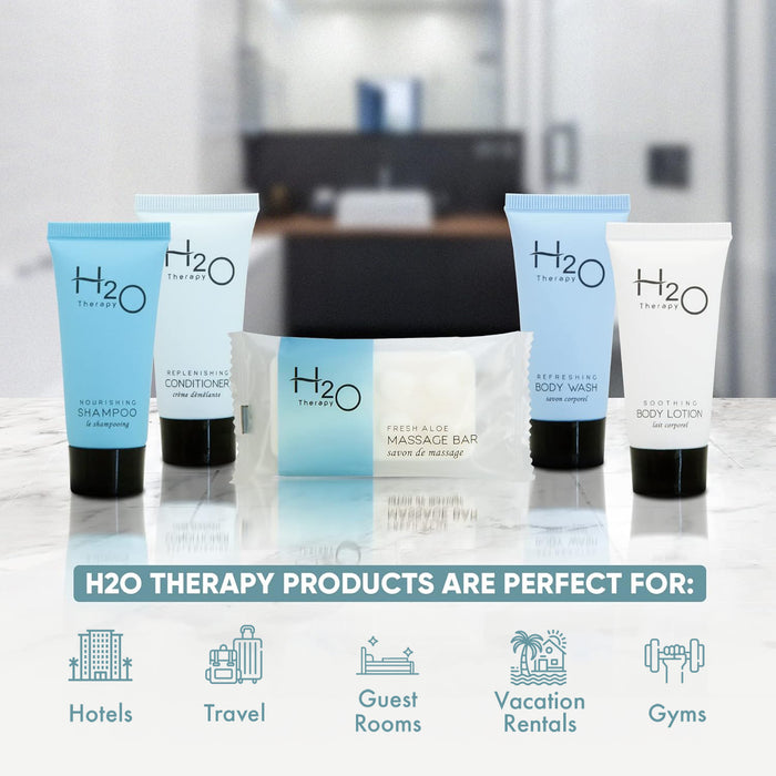H2O Therapy Hotel Soaps and Toiletries Bulk Set | 1-Shoppe All-In-Kit Amenities for Hotels & Airbnb | .85oz Hotel Shampoo & Conditioner, Body Wash, Body Lotion & 1 oz Bar Soap Travel Size | 150 Pieces
