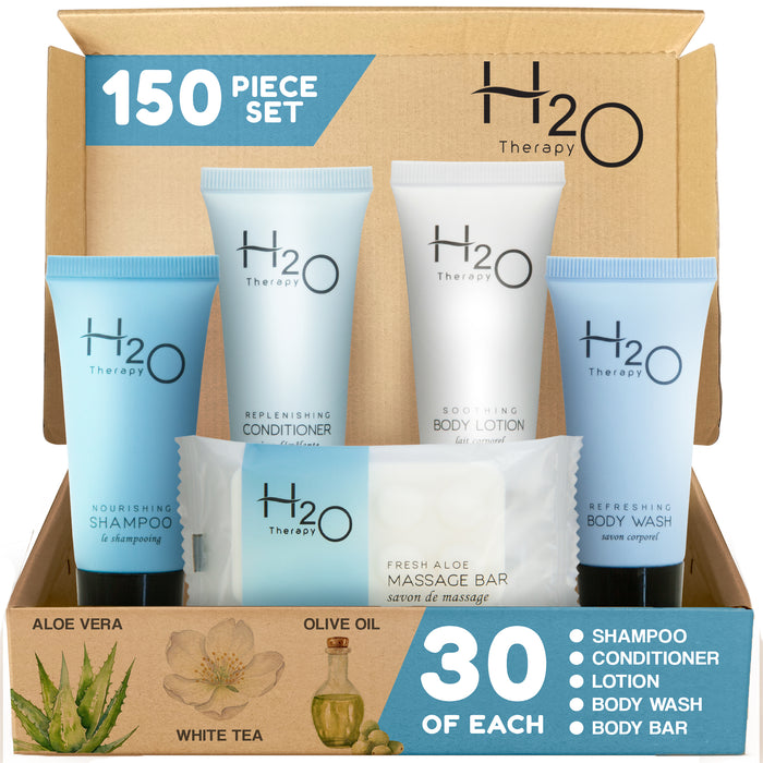 H2O Therapy Hotel Soaps and Toiletries Bulk Set | 1-Shoppe All-In-Kit Amenities for Hotels & Airbnb | .85oz Hotel Shampoo & Conditioner, Body Wash, Body Lotion & 1 oz Bar Soap Travel Size | 150 Pieces