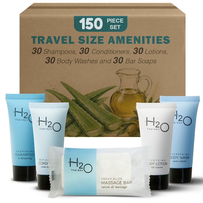H2O Therapy Hotel Soaps and Toiletries Bulk Set | 1-Shoppe All-In-Kit Amenities for Hotels & Airbnb | .85oz Hotel Shampoo & Conditioner, Body Wash, Body Lotion & 1 oz Bar Soap Travel Size | 150 Pieces