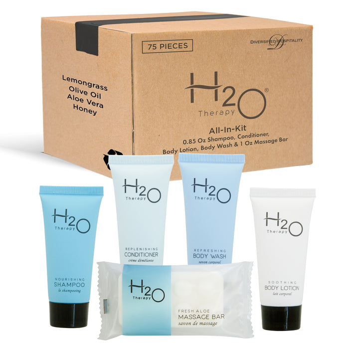 H2O Therapy Hotel Soaps and Toiletries Bulk Set | 1-Shoppe All-In-Kit Amenities for Hotels & Airbnb | .85oz Hotel Shampoo & Conditioner, Body Wash, Body Lotion & 1 oz Bar Soap Travel Size | 75 Pieces