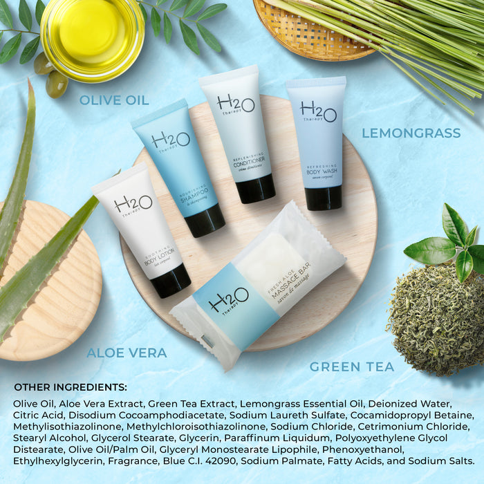 H2O Therapy Hotel Soaps and Toiletries Bulk Set | 1-Shoppe All-In-Kit Amenities for Hotels & Airbnb | .85oz Hotel Shampoo & Conditioner, Body Wash, Body Lotion & 1 oz Bar Soap Travel Size | 75 Pieces
