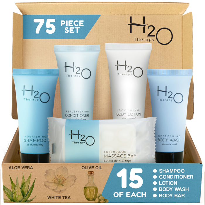 H2O Therapy Hotel Soaps and Toiletries Bulk Set | 1-Shoppe All-In-Kit Amenities for Hotels & Airbnb | .85oz Hotel Shampoo & Conditioner, Body Wash, Body Lotion & 1 oz Bar Soap Travel Size | 75 Pieces