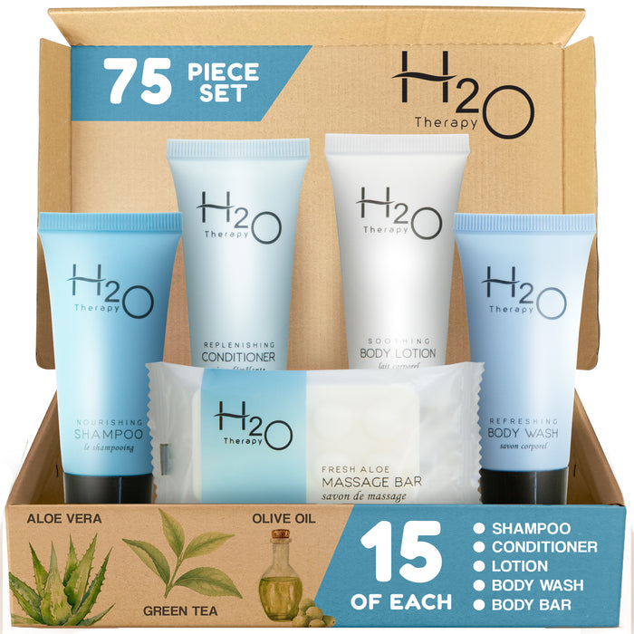 H2O Therapy Hotel Soaps and Toiletries Bulk Set | 1-Shoppe All-In-Kit Amenities for Hotels & Airbnb | .85oz Hotel Shampoo & Conditioner, Body Wash, Body Lotion & 1 oz Bar Soap Travel Size | 75 Pieces