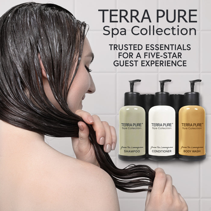 Terra Pure Spa Collection | Wall-Mounted No Drill Shower Soap Amenities Dispenser | 10.14 oz. / 300 ml Bottles | Tamper Proof Locking Bracket | 1 Bracket with Shampoo, Conditioner, Body Wash
