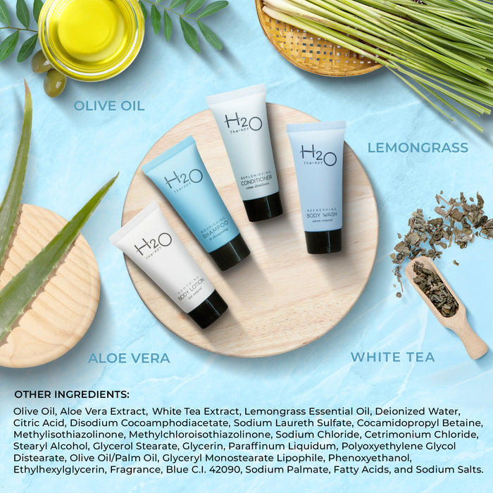H20 Therapy 0.85 oz. Toiletries Set | 1-Shoppe All-In-Kit Amenities For Hotels, Airbnb & Rentals | Hotel Shampoo & Conditioner, Body Wash, Body Lotion | 80 Piece Travel Set