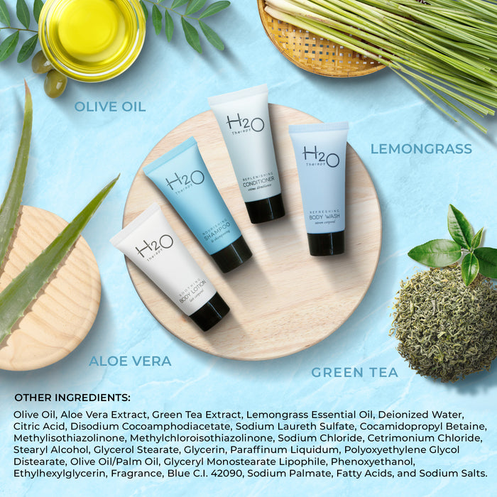 H20 Therapy 0.85 oz. Toiletries Set | 1-Shoppe All-In-Kit Amenities For Hotels, Airbnb & Rentals | Hotel Shampoo & Conditioner, Body Wash, Body Lotion | 80 Piece Travel Set