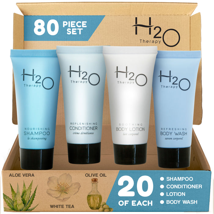 H20 Therapy 0.85 oz. Toiletries Set | 1-Shoppe All-In-Kit Amenities For Hotels, Airbnb & Rentals | Hotel Shampoo & Conditioner, Body Wash, Body Lotion | 80 Piece Travel Set