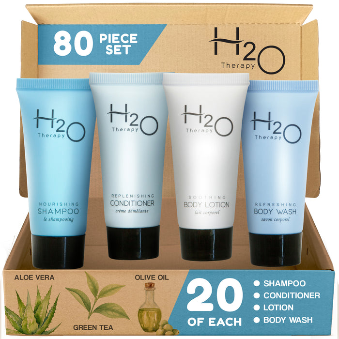 H20 Therapy 0.85 oz. Toiletries Set | 1-Shoppe All-In-Kit Amenities For Hotels, Airbnb & Rentals | Hotel Shampoo & Conditioner, Body Wash, Body Lotion | 80 Piece Travel Set