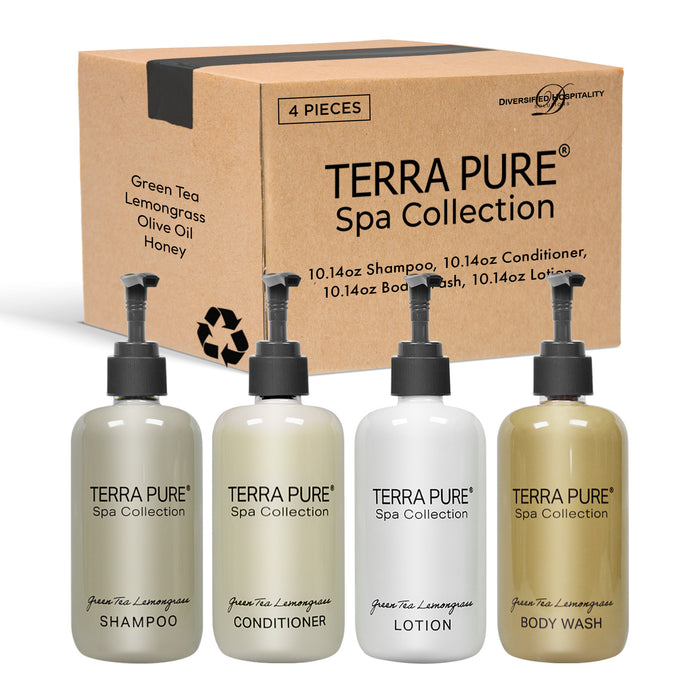 Terra Pure Spa Collection Amenities Set,10.14 oz. Pumps (1 of Each) Shampoo, Conditioner, Hand/Body Wash, and Lotion