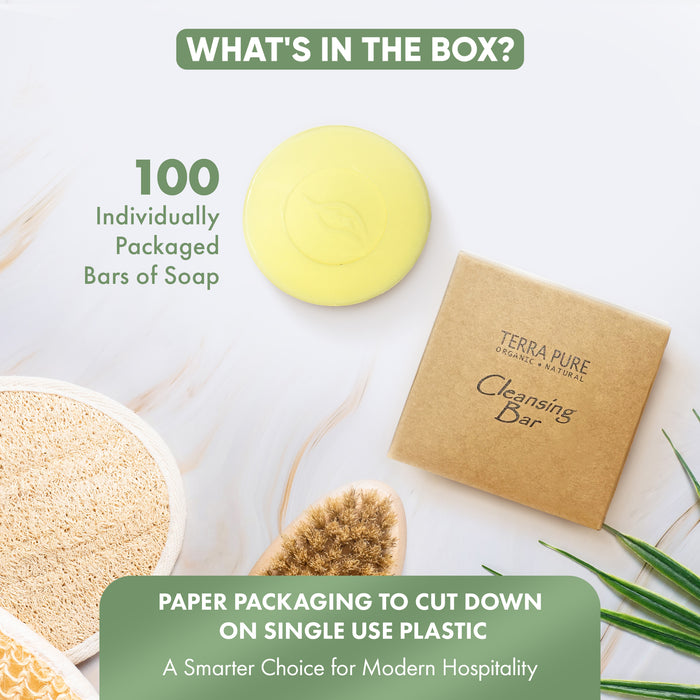 Travel Size Hotel Bar Soap 100 Count 1.5 oz Boxed Bars Guest Amenities for Hotels Vacation Rentals and Short Term Rentals Paraben Free Green Tea Scent Infused with Aloe and Olive Oil by Terra Pure