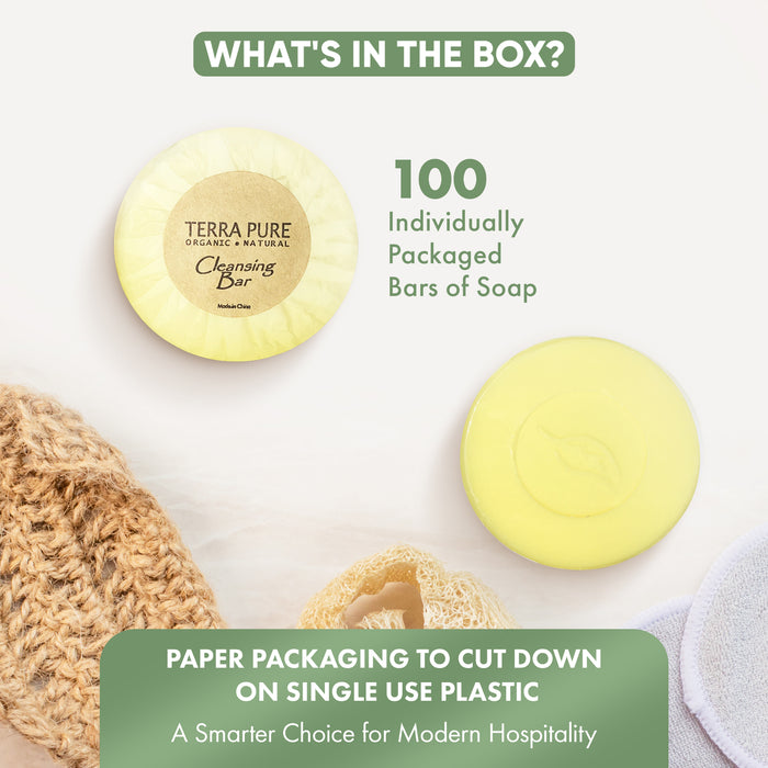 Travel Size Hotel Bar Soap 100 Count 0.6 oz Body Bars Guest Amenities for Hotels Vacation Rentals and Short Term Rentals Paraben Free Green Tea Scent Infused with Aloe and Olive Oil by Terra Pure