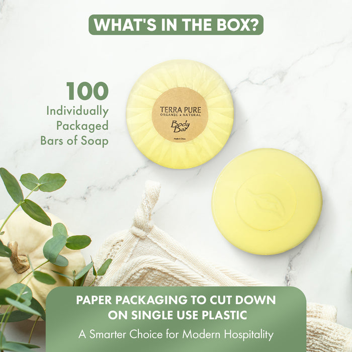 Travel Size Hotel Bar Soap 100 Count 1.25 oz Body Bars Guest Amenities for Hotels Vacation Rentals and Short Term Rentals Paraben Free Green Tea Scent Infused with Aloe and Olive Oil by Terra Pure