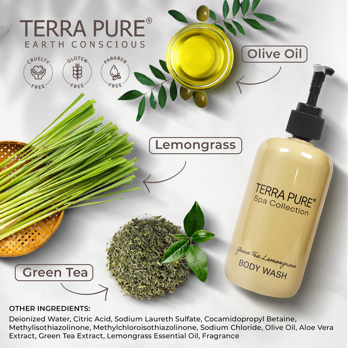 Terra Pure Body Wash | Spa Collection | Hotel Amenities in Pump Bottle | 10.14 oz. / 300 ml (4 Bottles)