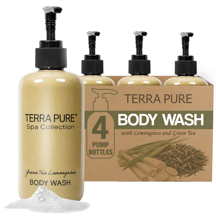 Terra Pure Body Wash | Spa Collection | Hotel Amenities in Pump Bottle | 10.14 oz. / 300 ml (4 Bottles)