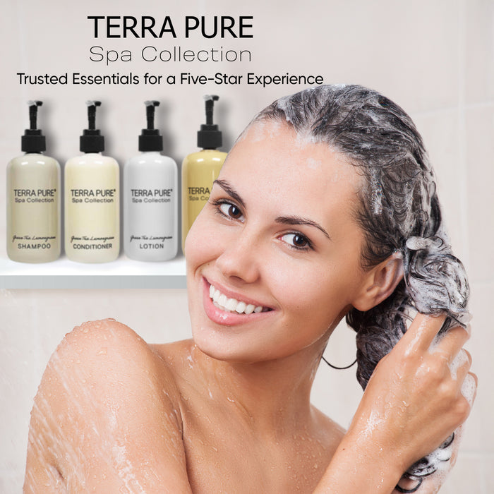 Terra Pure Spa Collection Amenities Set,10.14 oz. Pumps (1 of Each) Shampoo, Conditioner, Hand/Body Wash, and Lotion