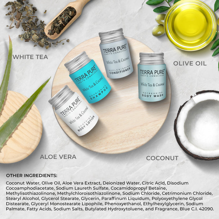 Terra Pure White Tea & Coconut 1.0 oz. Toiletries Set | 1-Shoppe All-In-Kit Amenities For Hotels, Airbnb & Rentals | Hotel Shampoo & Conditioner, Body Wash, Body Lotion | 80 Piece Travel Set