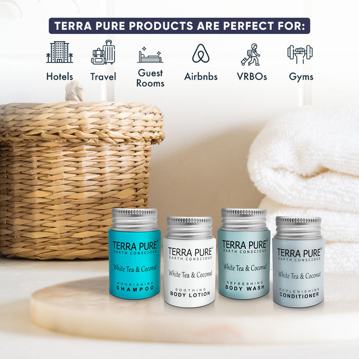 Terra Pure White Tea & Coconut 1.0 oz. Toiletries Set | 1-Shoppe All-In-Kit Amenities For Hotels, Airbnb & Rentals | Hotel Shampoo & Conditioner, Body Wash, Body Lotion | 80 Piece Travel Set