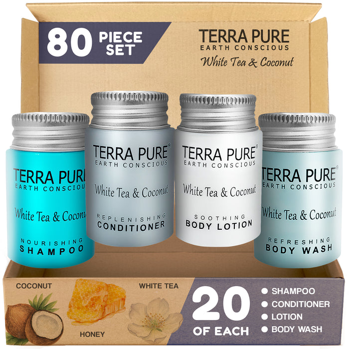 Terra Pure White Tea & Coconut 1.0 oz. Toiletries Set | 1-Shoppe All-In-Kit Amenities For Hotels, Airbnb & Rentals | Hotel Shampoo & Conditioner, Body Wash, Body Lotion | 80 Piece Travel Set