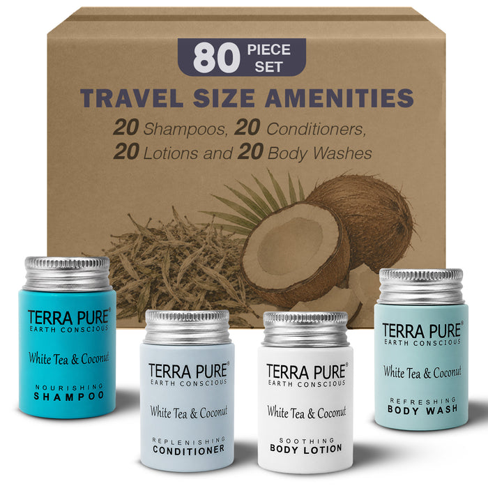 Terra Pure White Tea & Coconut 1.0 oz. Toiletries Set | 1-Shoppe All-In-Kit Amenities For Hotels, Airbnb & Rentals | Hotel Shampoo & Conditioner, Body Wash, Body Lotion | 80 Piece Travel Set