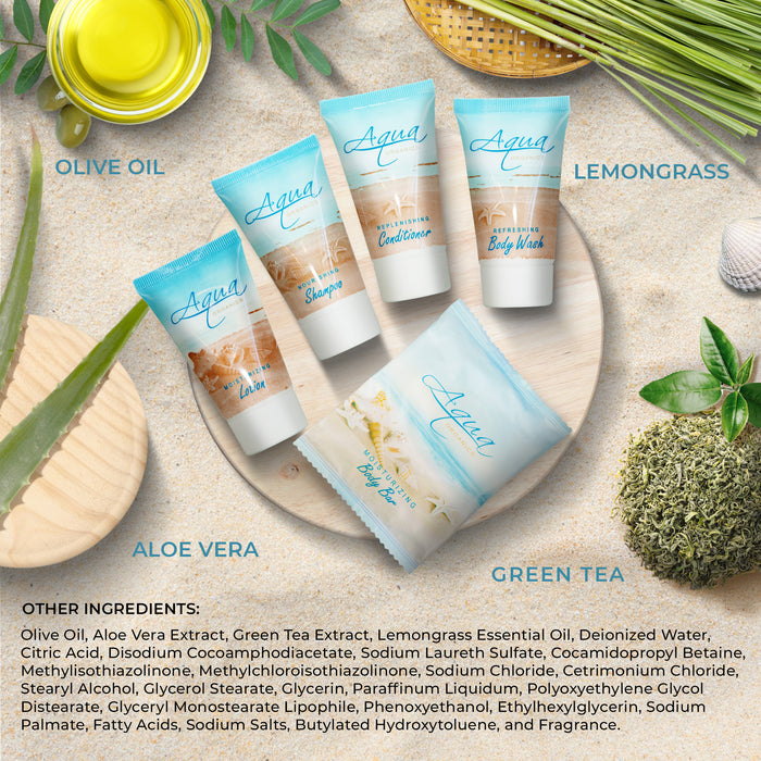 Aqua Organics Hotel Soaps and Toiletries Bulk Set | 1-Shoppe All-In-Kit Amenities for Hotels & Airbnb | 1oz Hotel Shampoo & Conditioner, Body Wash, Body Lotion & 1oz Bar Soap Travel Size | 75 Pieces